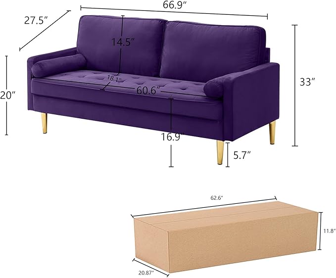 65 Love Seat Sofa Velvet Small Sofa Small Couch for Bedroom Living Room Bedroom Loveseat with 2 Pillows Gold Legs Modern Tufted Seat Upholstered Seating for Office Apartment (Purple)