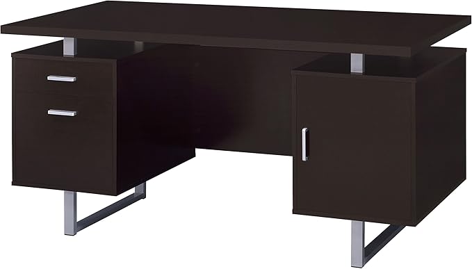 Pemberly Row 2-Drawer Wood Office Desk 60 in W x 30 in H Cappuccino and Silver Finish Metal Base Storage Drawer and Cabinet Contemporary Home Office Desk for Organization and Workspaces
