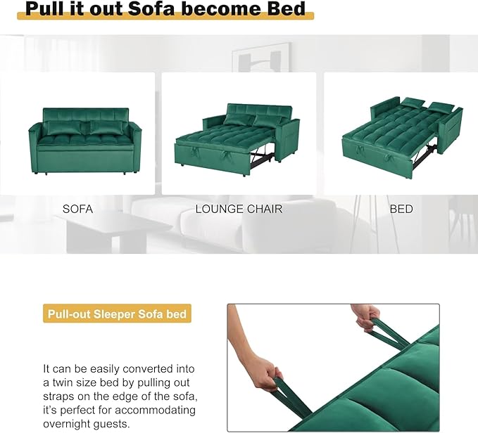 Convertible Sofa Bed 3 in 1 Pull Out Couch with Side Pockets Velvet Fabric Loveseat Sleeper Sofa Bed Pull Out Couch with Adjustable Backrest for Living Room Bedroom Apartment Green