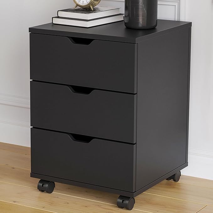 Vertical File Cabinet 3 Drawer Mobile File Cabinet Under Desk Wooden Filing Cabinet Storage Organization Filing Cabinet with Wheels for Home Office (Black)