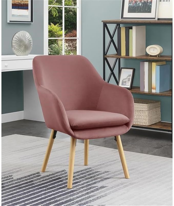 Pemberly Row Contemporary Accent Chair Pink Velvet Fabric Solid Red Oak Legs Detachable Foam Cushion 25.25 x 26.75 x 33.5 in Stylish Living Room or Office Seating