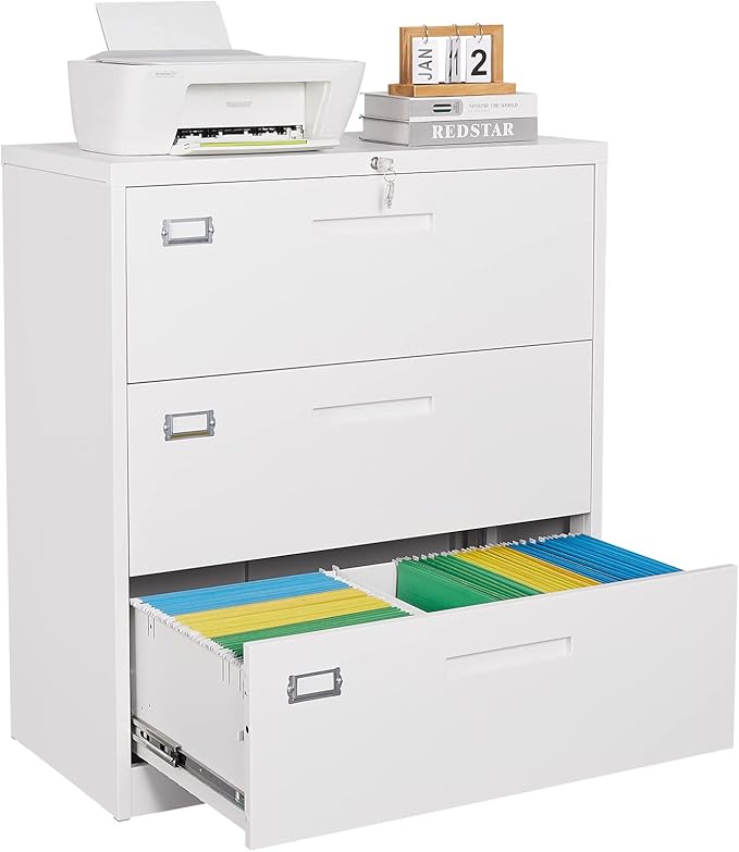 SISESOL 3 Drawer Lateral File Cabinet with LockWhite Lateral Filing CabinetHorizontal Metal Filing CabinetLocked Wide Three Drawer File Cabinet for Office HomeFit A4/F4/Letter/Legal File