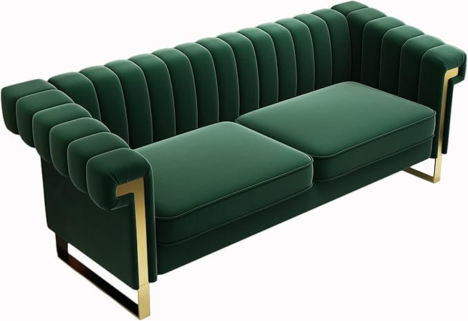Mid-Century Modern Green Velvet Sofa with Gold Metal Legs 83.86 Luxury Chesterfield Comfy Couches for Living Room (Velvet Green)