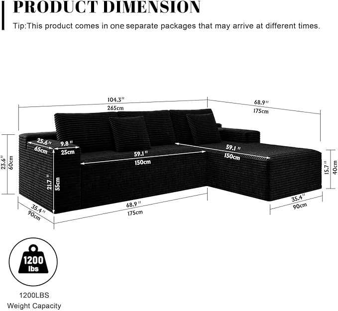 104'' Corduroy Boneless Couch for Living Room Modular Cloud Sectional Couches with Deep Seat Comfy Fluffy Sofas with L-Shaped ChaiseNo Assembly Required2PC Free Combination (Black)