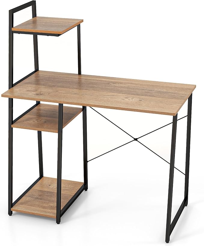 Tangkula Computer Desk with Shelves Space Saving Home Office Desk with 3-Tier Ladder Shaped Storage Bookshelf Modern Writing Study Desk with Metal Frame Compact Computer Workstation (Natural)