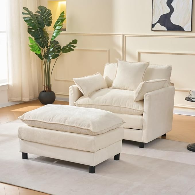 39.4 Modern Accent Chair with Ottoman Living Room Club Chair Chenille Upholstered Armchair Reading Chair for Bedroom (Beige + Fabric + Plastic + Steel + Wood + Foam + 1 Seat)