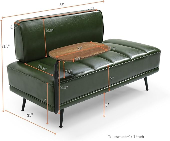 55 Modern Faux Leather Loveseat with 360° Swivel Side Table Mid-Century Tufted 2-Seater Sofa Bench for Living Room Entryway with Metal Legs and Backrest