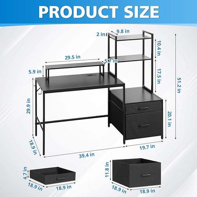 KATHY&ampBOB Small Home Office Study Desk - Freestanding Ladder Design with Fabric Drawers &amp Side Bag - Modern Vanity Makeup Desk - 2 Tier Shelf &amp Computer Gaming Station (Black Large)