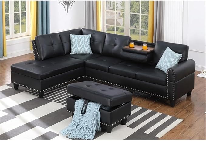 Devion Furniture Transitional PU Faux Leather Sectional Sofa with Lift-top Storage Ottoman for Living Room in Black Finish