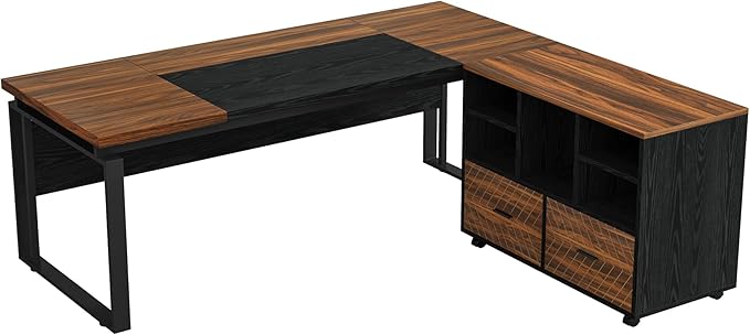 Tribesigns L-Shaped Executive Desk with Reversible File Cabinet 63 Office Desk with Storage Drawers L-Shaped Computer Desk with Drawer Cabinet for Hanging Letter Size Files (Brown+Black)