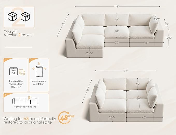 120 Cloud Sectional Couch | Oversize Boneless Couches for Living Room | 4 Seater Modern L-Shape Sofa | Ivory White