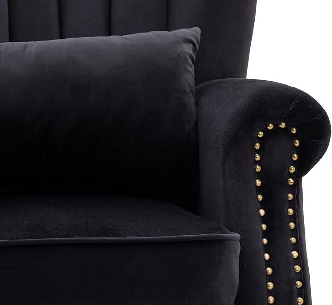 Kmax Black Accent Chair Velvet Wingback Chair with Pillow Nail-Head Channel Tufted Oversized Club Chair for Living Room Bedroom Guest Room