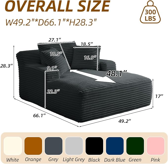 Oversized Chaise Lounge Chair Indoor Bedroom Single Deep Seat Comfy Corduroy Upholstered Sofa Bed No Assembly Required Sleeper Chair Sofa for Living Room (Grey)