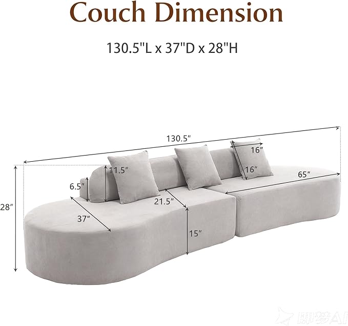 Txtin's 130” Boneless Sectional Couches for Living Room | Curved Plush Cloud Couch with 3 Pillows | Oversized Modern Sofa for Office | Gray | Gray Oversized Plush Modular 3 Pillows Living Room