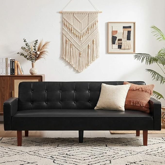 Modern PU Leather 3-Seat Couch Adjustable Backrest Convertable Sofa Sleek Minimalist Fold Out Couch Loveseat with Armrests Sofa for Living Room Home Office Spaces Black