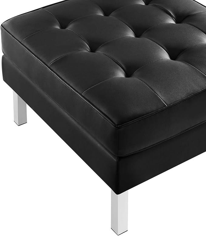 Modway Loft Tufted Button Faux Leather Upholstered Square Ottoman in Silver Black