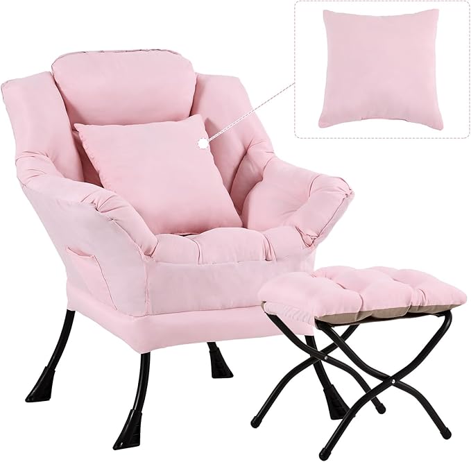 Lazy Chair with Ottoman Comfy Reading Lounge Chair with Footstool &amp Throw Pillow Modern with Armrests &amp Side Pocket for Living Room Bedroom Dorm Room Pink