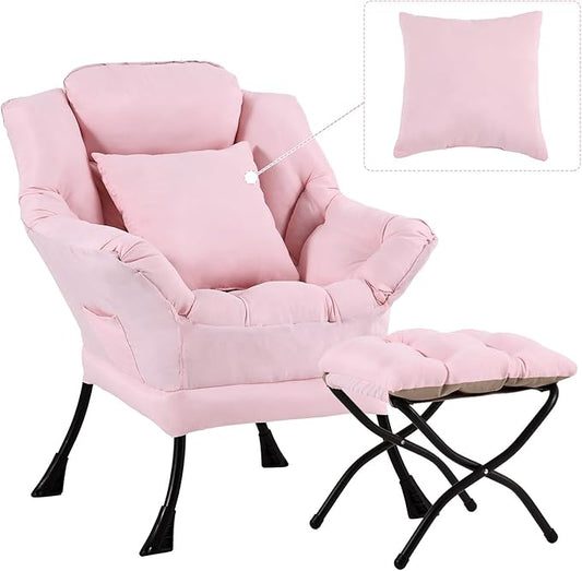 Lazy Chair with Ottoman Comfy Reading Lounge Chair with Footstool &amp Throw Pillow Modern with Armrests &amp Side Pocket for Living Room Bedroom Dorm Room Pink