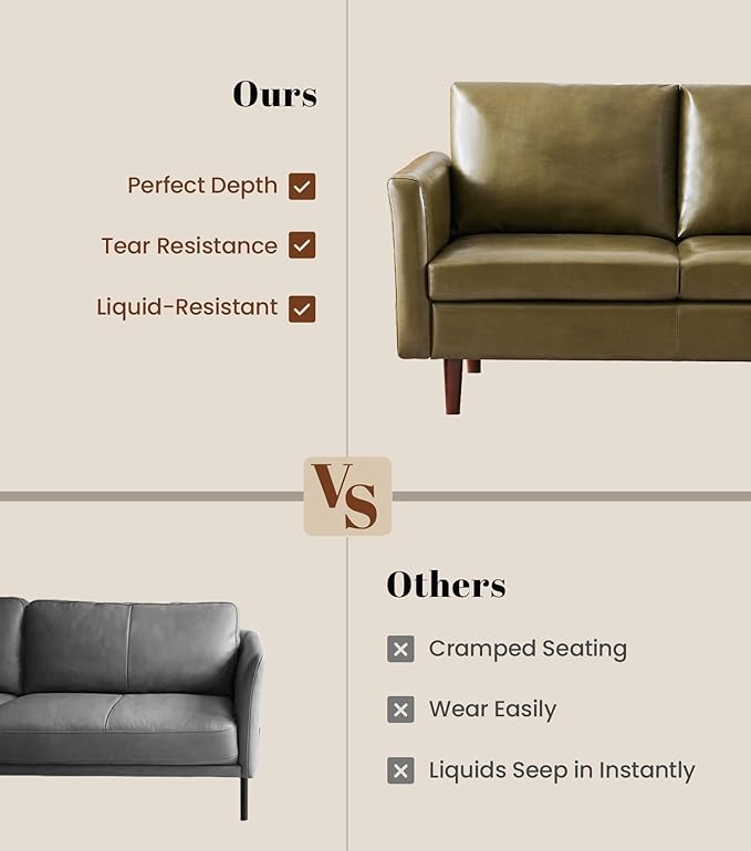 Kingfun Faux Leather 3 Seat Couch Set for Living Room Mid Century Modern Sofa with Rolled Arms and Deep Seats Fluffy Comfort for Apartment Easy to Assemble Olive Green Loveseat and Chair