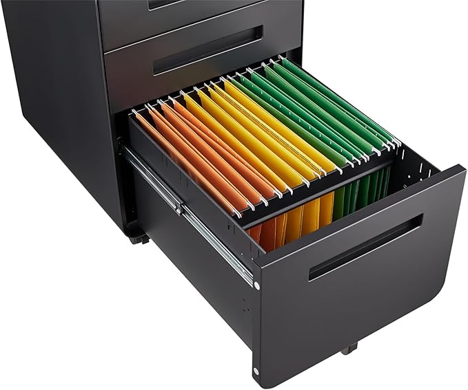3 Drawer Mobile File Cabinet Under Desk Office Versatile Storage Cabinet for Legal/Letter/A4 Files 5 Wheel Design Anti-Tilting Cold Rolled Steel Lockable with Removable Pencil Tray (Black)