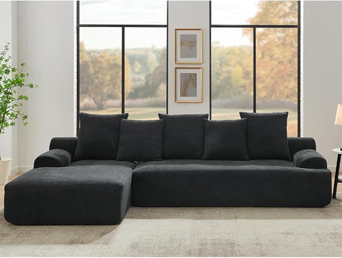 WILLIAMSPACE 110.25 Black Velvet Sectional Sofa Cloud Sponge Couch with Pillows Modular Floor Compressed Upholstered L-Shape Sofa Foam 4 Seater Couch for Living Room No Assembly Left-Facing Black