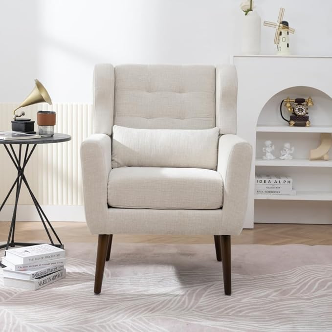 Modern Accent ChairChenille Arm Chairs for Living RoomUpholstered Mordern ArmchairComfy Soft Padded Lounge Chair in Small Space Bedroom w/Pillow Solid Wood Leg (Beige + Chenille)