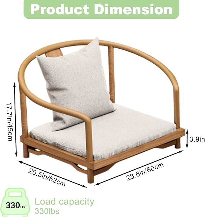 Wooden Japanese Floor Chair with Cushion Multifunctional Floor Armchair with Backrest Accent Meditation Legless Back Rest Chairs for Living Room Bedroom Balcony