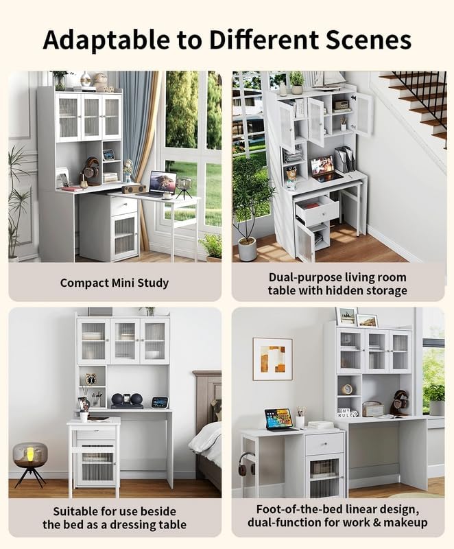 Polibi Rotating Computer Desk with Storage - 90° Adjustable Desktop 4 Glass Door Cabinets &amp Drawer Open Shelves for Home Office Study Room or Living Room White