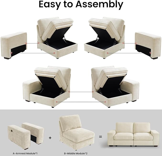 73 2-Seater Modular Sectional Sofa Loveseat Modern Comfy Chenille Couch with Removable Chenille Washable Cover Seat Storage and USB Port for Living Room Office Apartment Easy to Install Beige