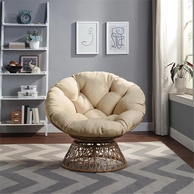 Pemberly Row Papasan Chair Cream Round Pillow Cushion Natural Resin Wicker Weave Metal Frame 360° Swivel 40 W x 36 D x 35.25 H Accent Chair for Living Room Family Room or Dorm