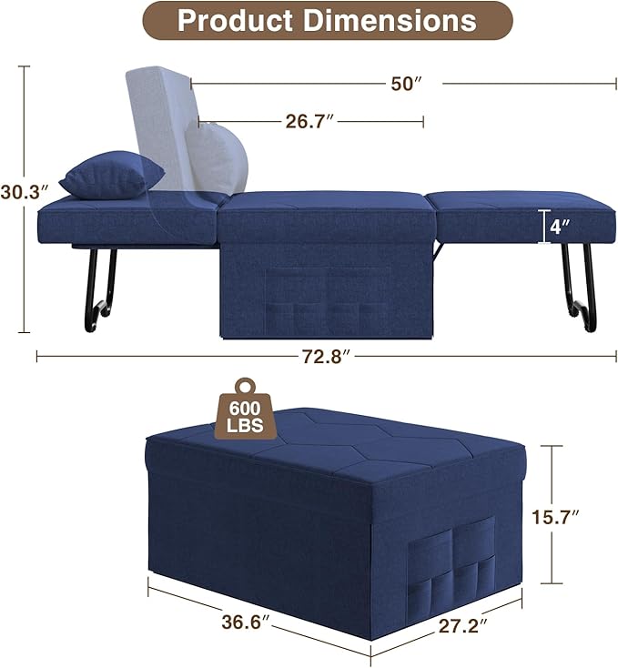 4 in 1 Sleeper Chair Convertible Sleeper Sofa with Ottoman Ottoman Bed for Adults Sofa Bed with Adjustable Backrest for Living Room Apartment Office Jean Blue