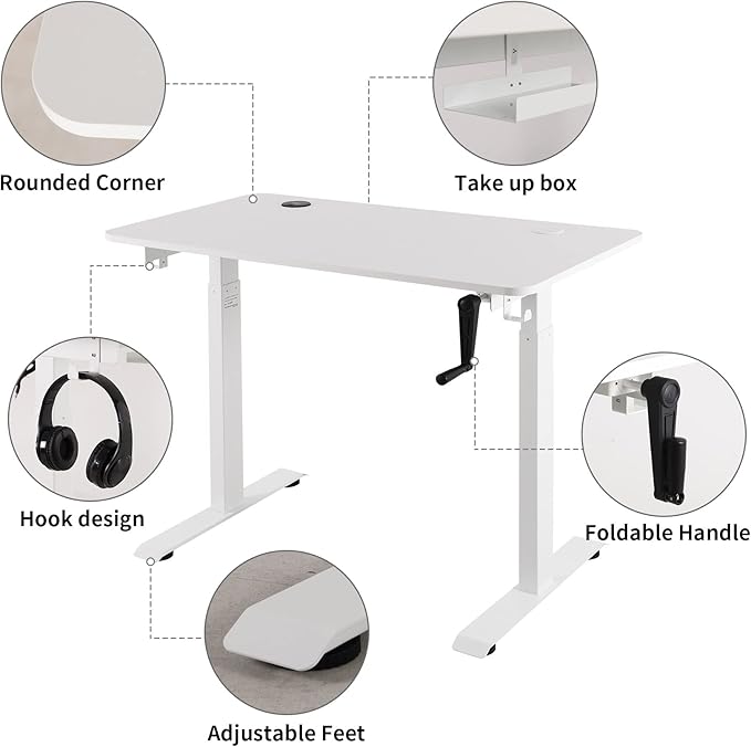 UNICOO Crank Adjustable Height Standing Desk Game Table Home Office Table Computer Desk with USB and Wireless Charger (NTCSET-01-White - M2)