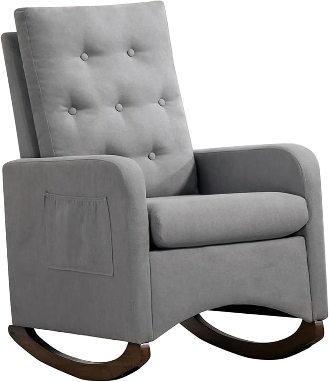 GarveeHome Upholstered Rocking Chair Accent Chair Nursery Rocking Chairs in Teddy Fabric with High Backrest Side Pocket and Rubber Wood Legs Comfy Nursing Chair for Living Room Gray (Gray)