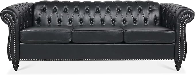 Ball &amp Cast 84 Chesterfield Leather Sofa with Channel Tufted Seat BackClassic 3 Seater Couch w/Roll Arm Nailhead Trim and UpholsteredMid Century Furniture for Living RoomBedroomOfficeBlack P