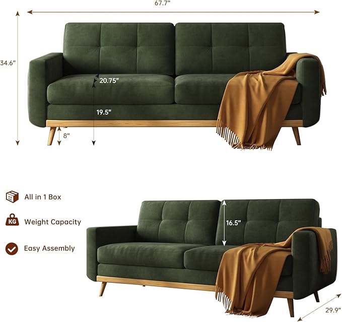 67.7” Loveseat Sofa Mid Century Modern Decor Love Seat Couches for Living Room Button Tufted Upholstered Small Couch for Bedroom Solid and Easy to Install Furniture (Green 67.7inch)