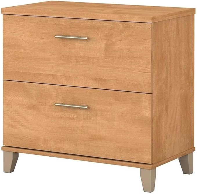 Pemberly Row Modern Lateral File Cabinet Maple Cross Finish Engineered Wood 2 Drawer Design with Full-Extension Ball Bearing Slides Tapered Legs Office Storage Solution for Letter and Legal Files