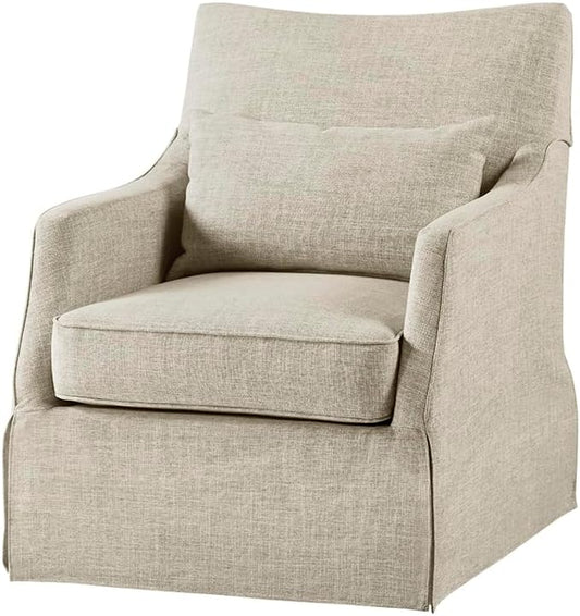 Martha Stewart London Swivel Chair - Solid Wood &amp Plywood Skirted Metal Base Accent Armchair Lumbar Pillow -Modern Classic Family Room Sofa Furniture Bedroom Lounge 28X31.5X35.25 Beige Mult