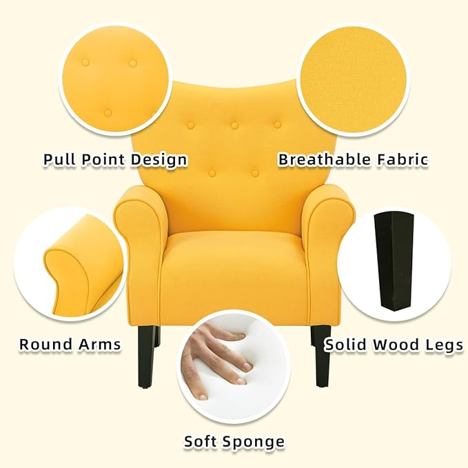 YOLENY Modern Accent ChairHigh Back ArmchairUpholstered Fabric Button Single Sofa with Wooden Legs for Living RoomBedroomClubYellow