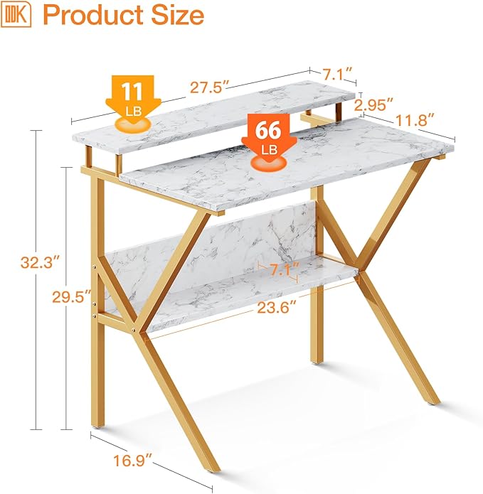 ODK Small Desk 27.5 Inch Computer Desk for Small Spaces Kids Desk with Storage Study Table with Monitor Stand for Homeschool White Marble + Gold Leg