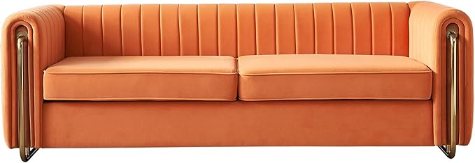 KEIKI 84 Velvet Deep Channel Tufted Sofa with Back Cushions and Rolled Arms Modern Style 3-Seater Couch with Golden Polished Steel Legs Easy Assembly for Living Room Bedroom Office Orange