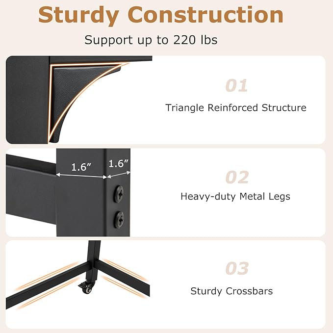 Tangkula 48” Mobile Computer Desk with Storage Bag &amp 2 Hanging Hooks Rolling Home Office Writing Study Desk Rolling PC Workstation with Lockable Universal Casters for Study Room Bedroom