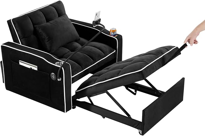 3 in 1 Convertible Sleeper Chair Bed with USB Ports Cup Holder and Phone Stand Velvet Pull Out Futon Sofa Beds Adjustable Backrest Single Sofa Chair for Small Spaces Living Room Office (Black)