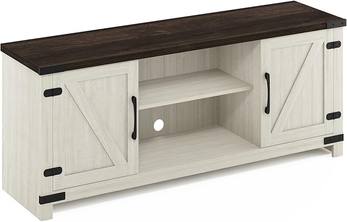 Furinno Jensen Farmhouse Barn Door Living Room TV Stand with Storage Cabinets for TV up to 70 Inch Ebony/White Wash