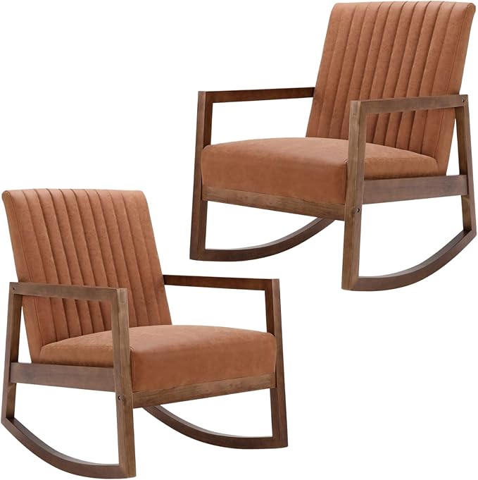 Faux Leather Rocking Chairs Set of 2 Mid Century Modern Recliner Accent Chair Comfy Lounge Arm Chair for Nursery Bedroom Living Room Retro Brown PU