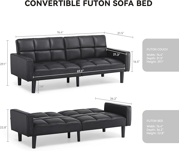 COMHOMA 76 inch Futon Sofa BedMid Century Modern Futon Couch with Adjustable BackrestFabric Convertible Sofa CamaFolding Sleeper Sofa for Living RoomBedroom (Black)