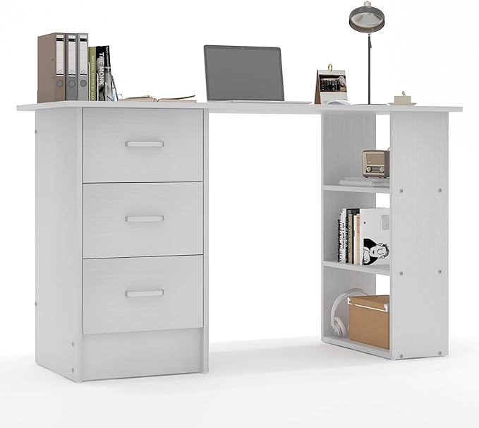 Computer Desk with DrawersStanding Desk with Storage RacksWriting Desk for Home Office or Bedroom (White)