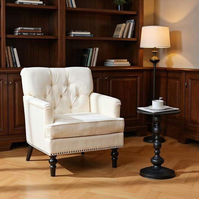 Tufted Club Chair Accent Chair Upholstered Button Armchair with Lumbar Pillow Linen Fabric Sofa Chairs for Bedroom Living Room Mid Century Modern Reading Chair with Studded Beige