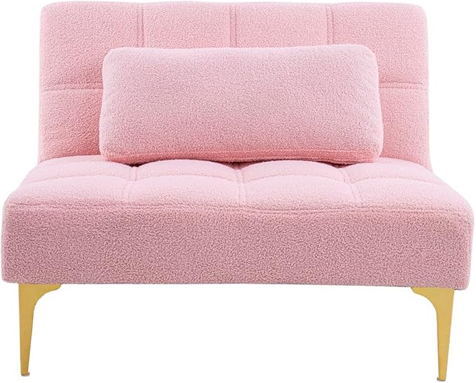 35.5 Convertible Single Sofa Chair Small Futon Chair with Adjustable Backrest Comfy Armless Accent Chair with Pillow Modern Mini Couch Bed with Gold Metal Legs for Living Room Bedroom Pink