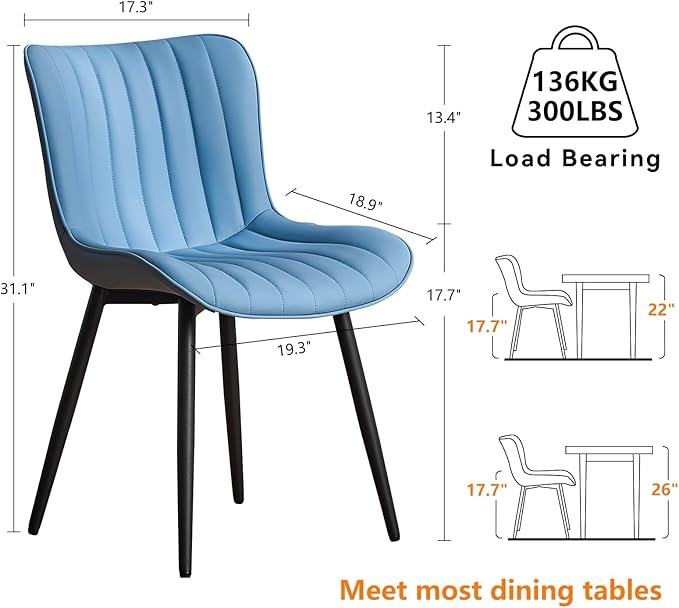 YOUNUOKE Mid-Century Modern Dining Chairs Set of 2 Blue PU Leather Upholstered Kitchen Chairs with Black Metal Legs Armless Accent Chair for Dining Room Guest Reception Room