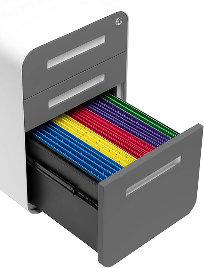 Laura Davidson Furniture Stockpile 3 Drawer File Cabinet with Lock - Under Office Desk Metal Filing Cabinet Legal/Letter File Folders Wheels and Stationary Feet Pre-Assembled Dark Grey Faceplate